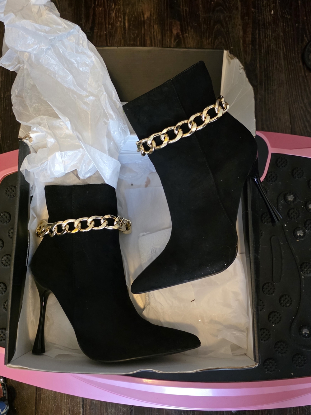 Fashion Nova Black Suede Pointed Stiletto Ankle Boots with Gold Chain